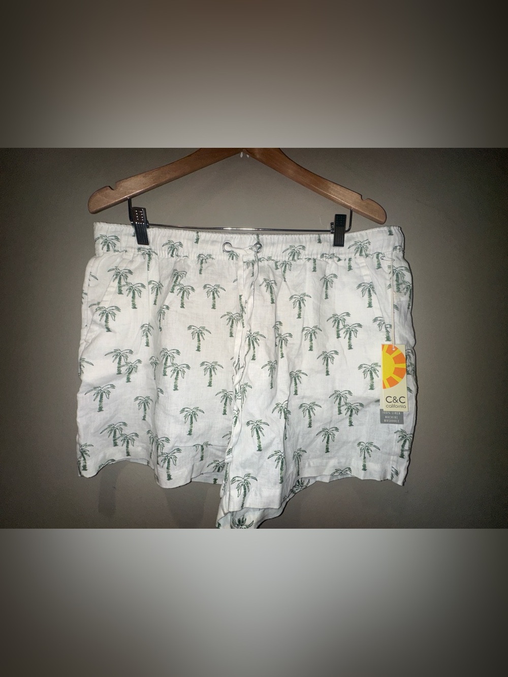 C&C California White Linen Shorts with Green Palm Trees XL NWT
